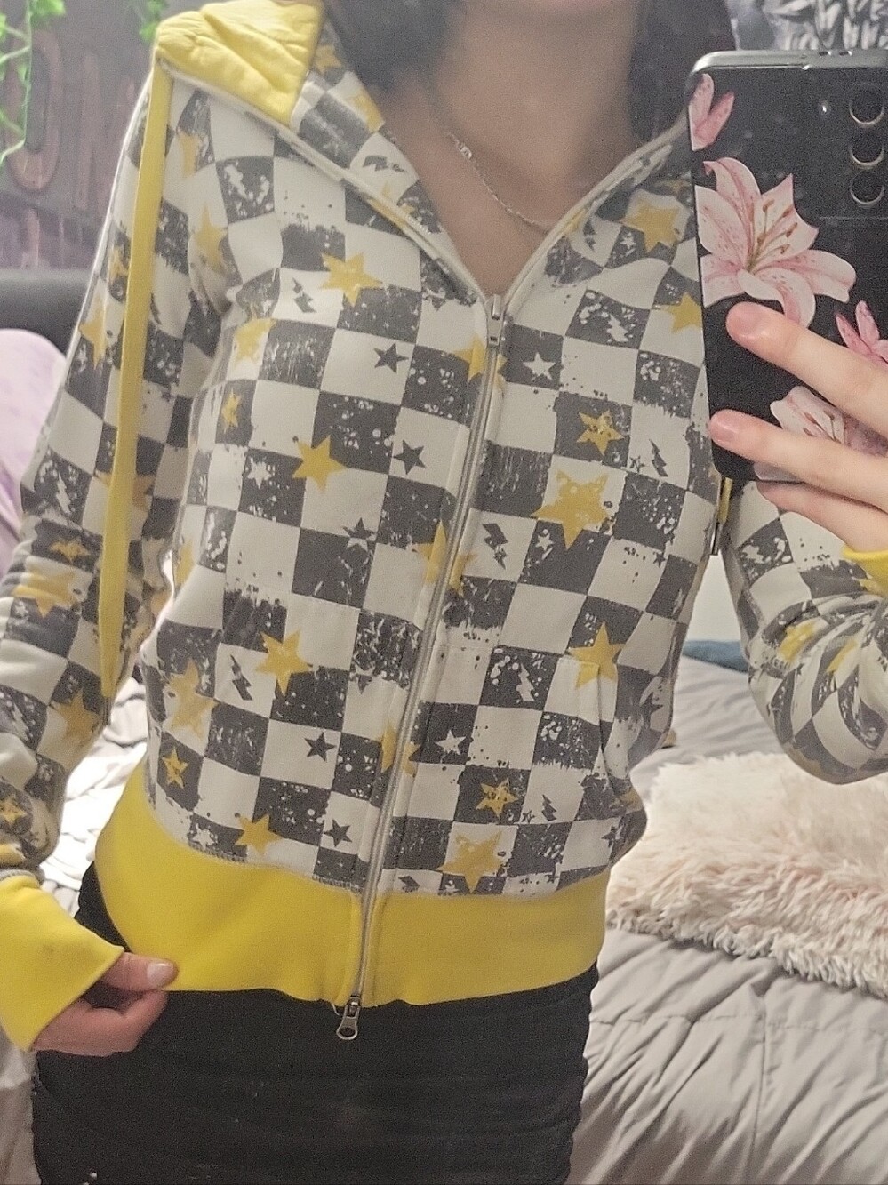 Streetwear Society Yellow & Gray Star Check Zip Hoodie Y2k